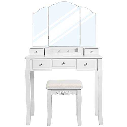 VASAGLE Dressing Table with 5 Drawers, Makeup Desk with 1 Stool, Frameless Tri-Fold Mirror, 1 Removable Cosmetic Storage Box, Vanity Set, Easy to Assemble, White RDT28WT