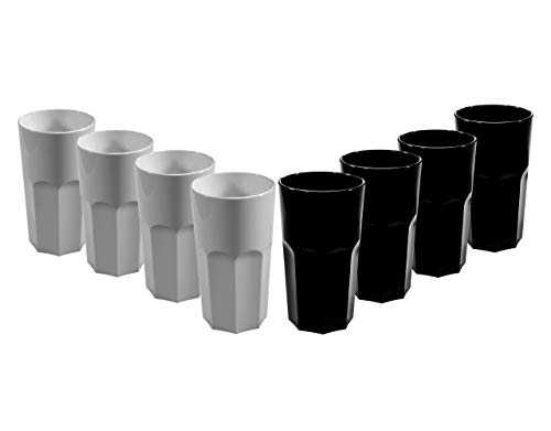 Mixed Set of Black and White RB Unbreakable Reusable Polycarbonate Plastic Octagon shaped 12 OZ Tumblers. (330ml/ 12oz to rim Height 13cm, Max Diameter 7.2cm) | Realistic Alternative to Glass (8)
