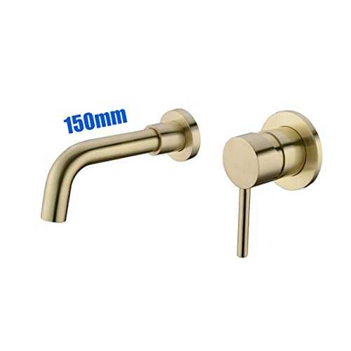 Bathroom Brass Basin Hot and Cold Mixer Tap 15CM Swivel Spout Wall-Mounted Concealed Sink Faucet, Brushed Gold