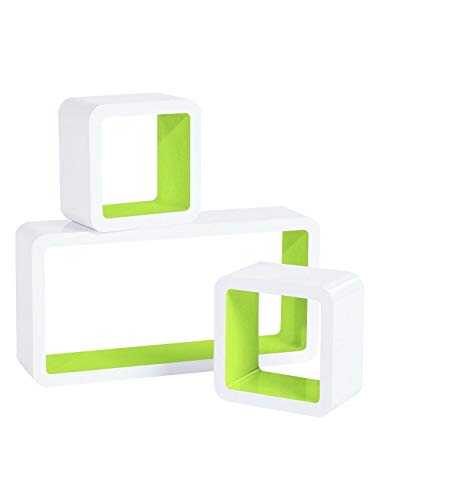HYGRAD BUILT TO SURVIVE Set of 3 Cube Rectangle Wall Mounted Floating Shelves Shelf Hanging Book Case Display Unit In Colours (White/Green)