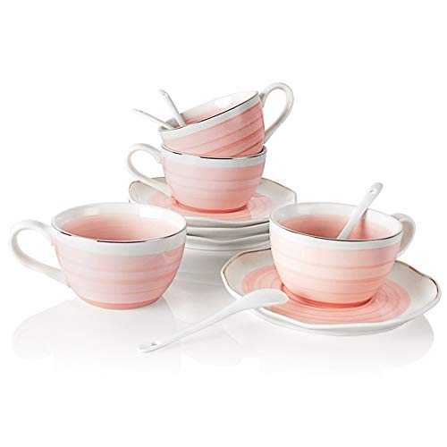 SWEEJAR Ceramic Tea Cup and Saucer Set, 8 Ounce for Coffee Drinks, Latter, Café Mocha and Tea, Wedding, Gift, Afternoon Tea Part - Set of 4(Pink3)