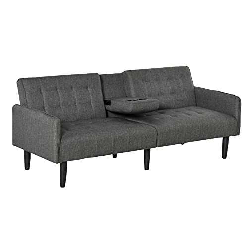 HOMCOM Upholstered Sofa bed 3 Seater Home Theater Linen-Touch Sleeper Futon Recliner with Storage Console & Cup Holders, Grey