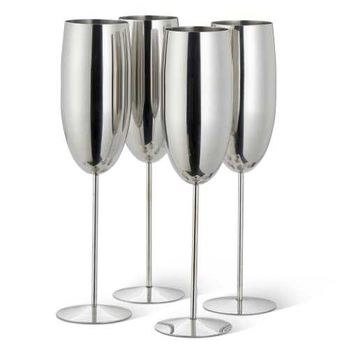 Oak & Steel - 4 Elegant Stainless Steel Silver Champagne Flutes - 285ml