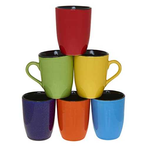 Homeway Stoneware Coloured Mug Black Inside Coffee Mugs 300ml Set of 6 Multi Coloured Inside Black Mug, Tea Mugs and Hot Chocolate Mugs.