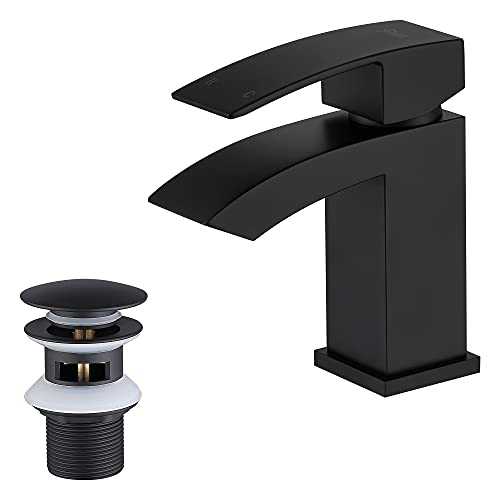 Friota Basin Taps with Click Clack Basin Pop Up Waste, Matte Black Brass Single Lever Waterfall Clackroom Taps for Bathroom Single Hole with UK Standard Hose