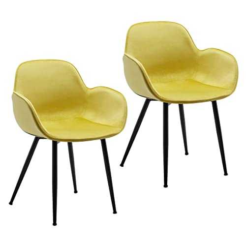 LeChamp Set of 2 Modern Dining Chair Velvet Accent Living Room Chair with Metal Legs Upholstered Armchair for Kitchen Bedroom Club Guest Reception Chairs Leisure Chair Yellow