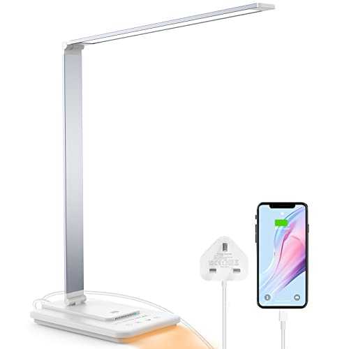 LED Desk Lamp, Eye Caring Desk Lamp with USB Charging Port & Adapter, with Night Light, Dimmable Bedside Lamp, 5 Brightness Levels x 5 Modes, Touch Control Table Lamp for Study,Office,Reading,Work