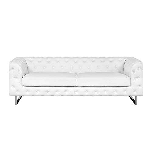 Beliani 3 Seater Sofa Faux Leather Button Tufting Chesterfield Style White Vissland