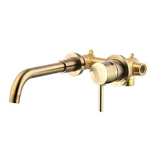 NEWRAIN Bathroom Mixer Tap Wall Mounted,Widespread Bathtub Bathroom Vanity Sink Faucet Brushed Gold Brass Lavatory Faucet