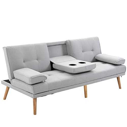 HOMCOM 3 Seater Sofa Bed Scandi Style Recliner Thick Cushions Convertible Adjustable Split Back Middle Table w/ Armrest Cup Holder 72H x 181W x 77Dcm
