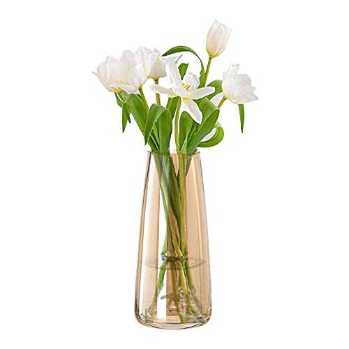 Aoderun Flower Glass Vase for Decor Home Handmade Modern Large Flower Vases for Centerpieces Living Room Kitchen Office Wedding 8.7 Inch (Amber)