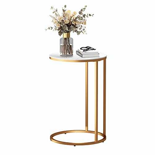 ALFABC Upgraded Round C Shaped End Table with Sintered Stone Desktop, Rock Plat Snack Side Table Bed Table Slide Under Sofa Couch, for Coffee Laptop Living Room Bedroom Small Space, 16" D x 24" H