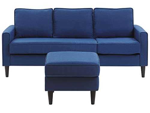 Beliani Mid-Century Transitional 3 Seater Navy Blue Fabric Sofa with Ottoman Avesta