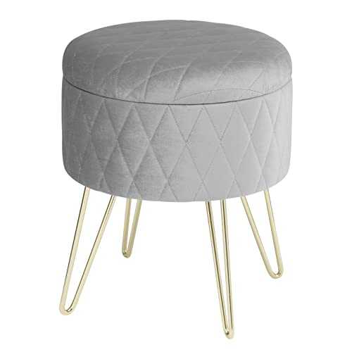 CYHUU 1Pc Velvet Round Puff Storage Seat Stool With Lid Storage Box Footstool With Gold Metal Feet For Sofa Bedroom Room Ottoman Footstool Strong And Sturdy