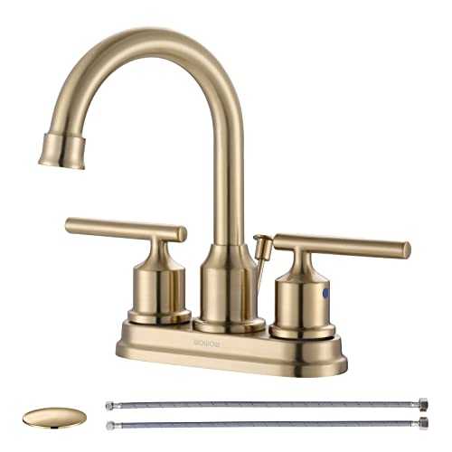 WOWOW Brushed Gold Bathroom Faucet 4 Inch Ceterset Bathroom Sink Faucet 3 Hole Vanity Faucet 2 Handle Basin Faucet with Drain Tall Mixer Tap Modern