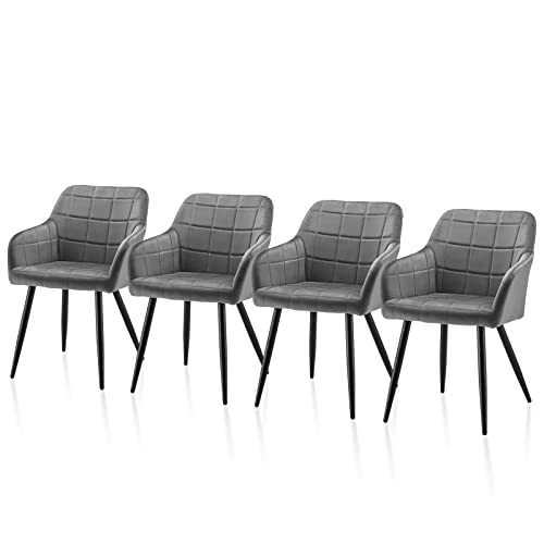 TUKAILAi Grey Velvet Dining Chairs Set of 4 Kitchen Chairs with Upholstered Seat, Armrest & Metal Legs Armchair Stylish Tub Chairs Lounge Chairs Restaurant Reception Chairs Dining Room Furniture Home