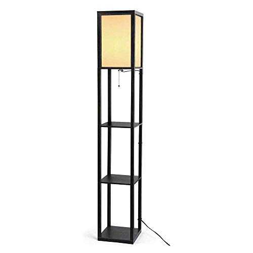 ZCYY Retro floor lamp with shelves, wooden floor lamp for living room bedroom sofa interior lighting, reading lamp with fabric shade, black, height 160 cm, E27