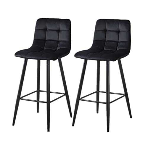 OFCASA Bar Stools Set of 2 Black Velvet Upholstered Kitchen Counter Barstools with Metal Legs High Back Breakfast Bar Chairs for Home Bar Dining 65cm Seat Height
