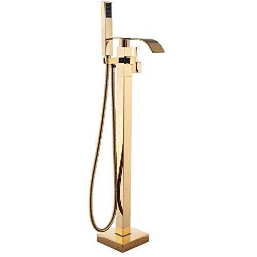 Senlesen Bathroom Tub Filler Faucet Floor Mounted Bathtub Shower Faucet Waterfall Spout Free Standing Tub Mixer Tap with Handheld Sprayer Gold Polished