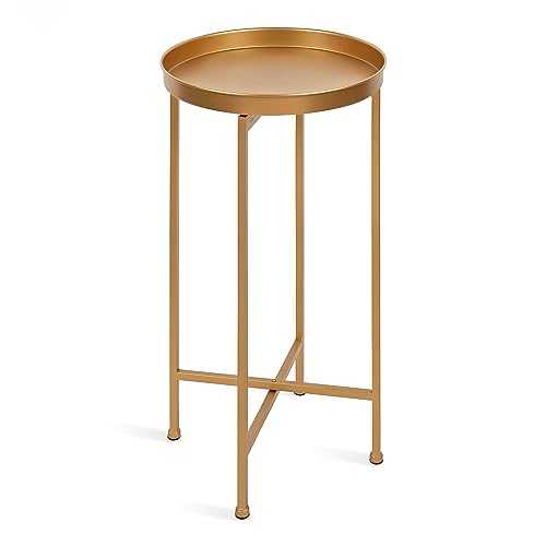 Kate and Laurel Celia Round Metal Foldable Accent Table with Tray Top, Gold