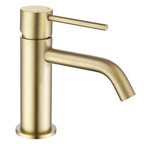 Brushed Gold Bathroom Taps Single Hole, Friota Brass Single Lever Basin Taps with Supply Hose, Gold Basin Mixer Faucet
