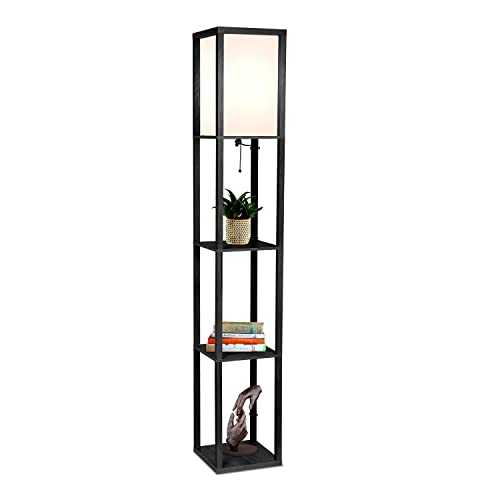 Brightech Maxwell - Modern LED Shelf Floor Lamp - Skinny End Table and Nightstand for Bedroom - Combo Narrow Side Table with Standing Accent Light Attached - Asian Tower Book Shelves - Black