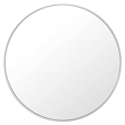 BEHOME Round Mirror 30 Inch Aluminum Alloy Frame Accent Circle Mirror Wall Mounted in Bathroom Bedroom-Silver