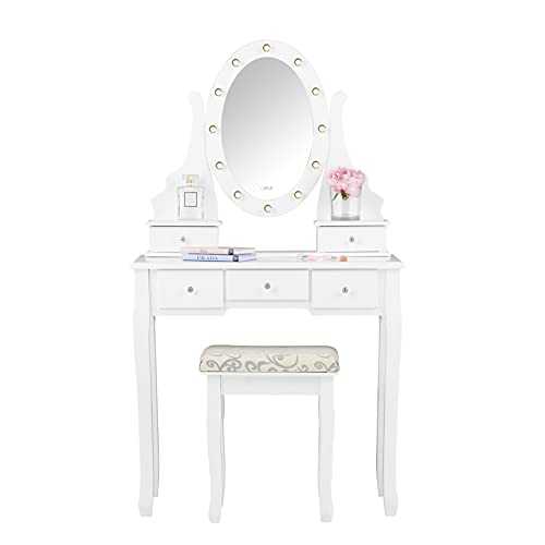 CARME Beverley Dior - White Dressing Table with LED Lights Mirror 5 Drawers Stool Set Makeup Jewellery Organiser