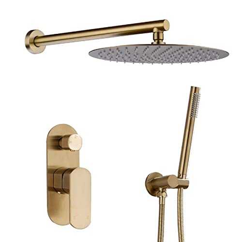 Brushed Gold Brass Bathroom Round 12 Inch Diameter Brass Shower System Tap Set with Concealed 2-Way Diverter Mix Valve Faucet Kit