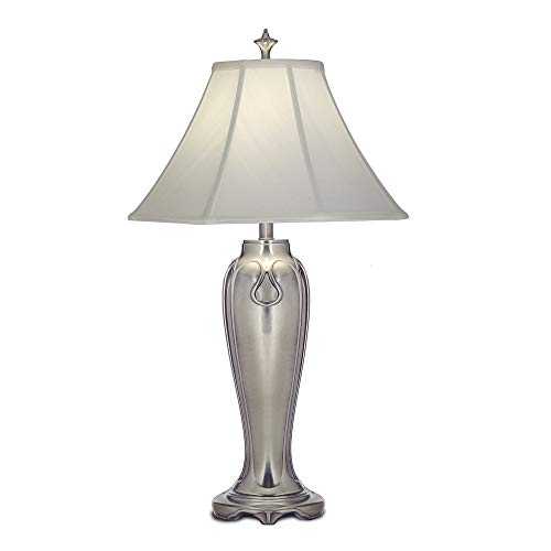 Table Lamp - Elegant Silvered Looking Zinc Cast - Off - White Silk Shantung Shade - Antique Nickel - LED E27 60W Bulb