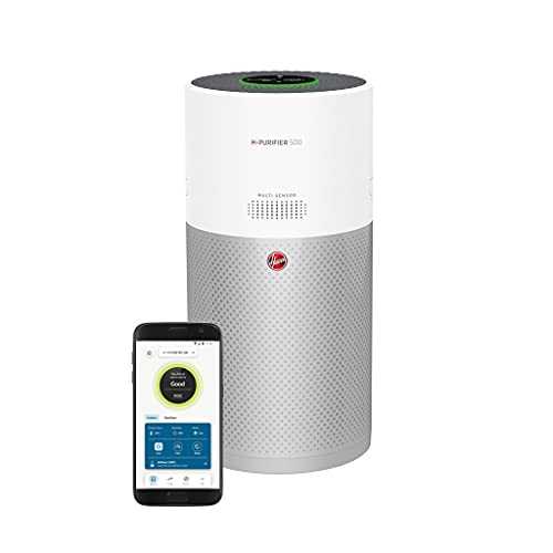 Hoover Air Purifier 500 with Diffuser, HHP50CA, Pollen Neutraliser Technology, H-Trifilter with HEPA Removes 99.97% of Allergens, Wi-Fi, Quiet Sleep mode, Carbon Monoxide Alert, White & Silver