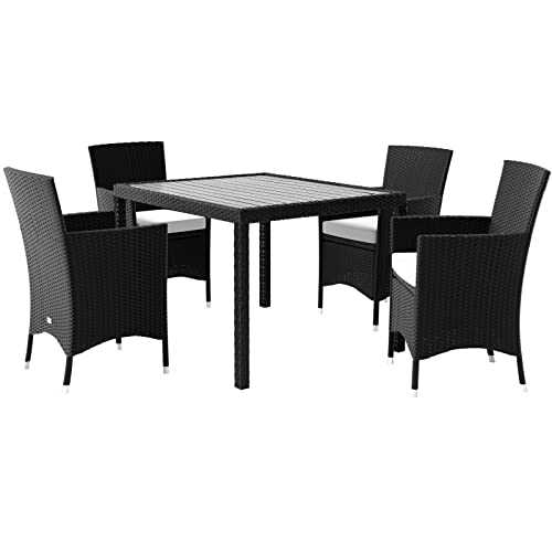 Deuba Poly Rattan Garden Dining Table Chairs Set Furniture WPC Tabletop Black Outdoor Patio Conservatory (8 Seater)