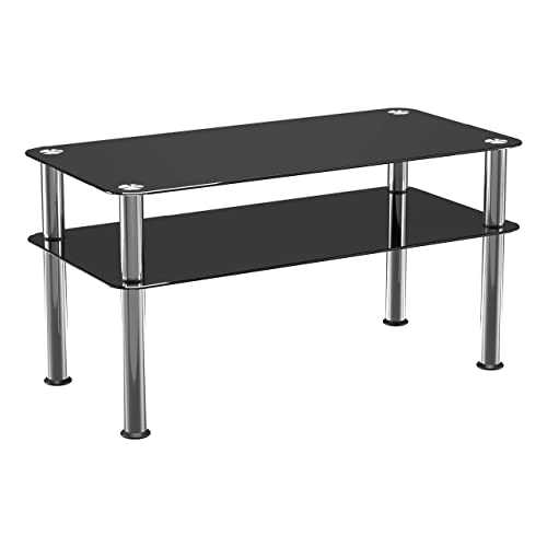 mahara Chrome and Black Coffee Table with Shelf - Tempered Safety Glass Coffee Table - Small Table W80cm x D40cm x H41.5cm - Living Room Furniture/Office Furniture