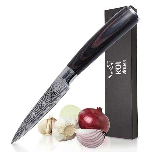 KOI ARTISAN Damascus Style Paring Knife - 3.5 Inch Razor Sharp Edge – Chef Knife High Carbon Stainless Super Steel – Moisture Resistant Pakka Wood Handle Kitchen Knives