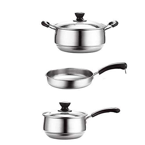 MAATCHH Nonstick Cookware Set Cookware Set, 3-Piece Stainless Steel Pot & Pan Sets Saucepan Milk Pot Frying Pan With Glass Cooking Pots and Pans (Color : Silver, Size : Free size)