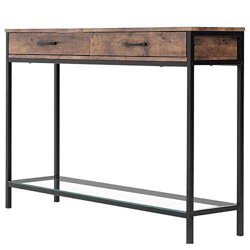 ZLLY Living Room Corridor End Table Narrow Console Table Wood Worktop 2 Drawers Bottom Shelf Industrial Living Room