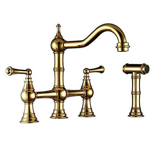 Solid Brass Kitchen Sink Mixer Tap Titanium Gold Bridge Kitchen Faucet with Side Spray Sprayer and Metal Lever Handle Sidespray