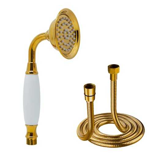 Delnet Classical High-Pressure Head Shower Gold Traditional Telephone Style Hand Held Shower Head Spray Water Saving Shower and 1.5M Hose