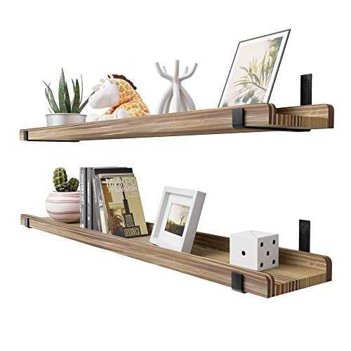 Pine Natural Wood Floating Shelves Set Of 2, 36 Inches Long Reclaimed Wood Floating Shelves For Wall Decor, DIY Floating Shelf With Lip For Wall Storage, U- Shaped Wood Floating Shelve, Dark Brown.