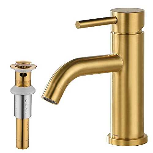 Rainovo Single Handle Bathroom Faucet with Pop-Up Sink Drain Brushed Gold, Single Hole Bathroom Sink Faucet Stainless Steel, Modern Vanity Faucet Supply Utility Hose for Basin Lavatory Mixer Tap