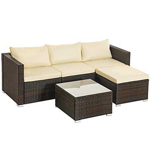 SONGMICS 5-Piece Patio Furniture Set, PE Rattan Garden Furniture Set, Outdoor Corner Sofa Couch, Handwoven Rattan Patio Conversation Set, with Cushions and Glass Table, Brown and Beige GGF005K02