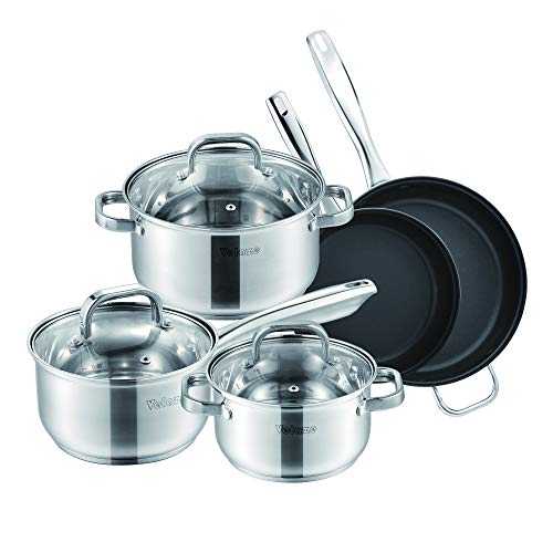 Velaze Cookware Set, Series Eloria, 8-Piece Pan Set, Induction Safe, Non Stick Frying Pan,Saucepan, Casserole with Glass lid - Stainless Steel