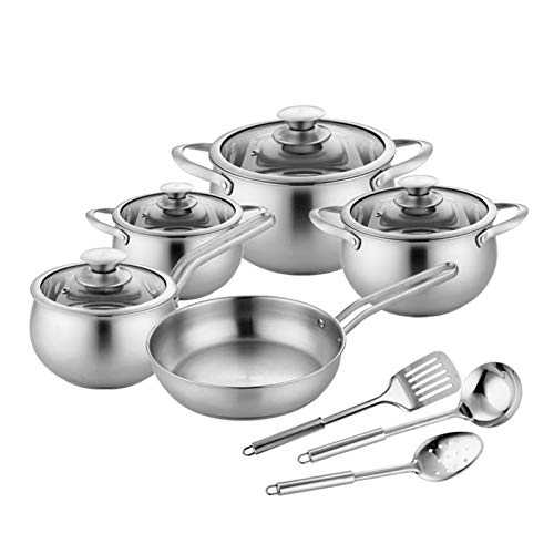 WBFZ Cookware Set 12 Piece Stainless Steel Kitchen Cooking Pots And Pans Set Tableware Triple Bottom Uncoated Pan Stainless Steel Handle Silver-16-24CM