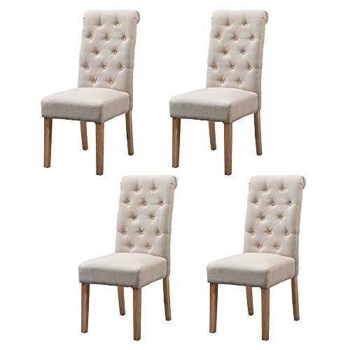 Huisen Furniture Modern Beige Dining Room Chairs Only Set of 4 Kitchen Fabric Upholstered Chairs with Soft Padded Seat Oak Wood Legs Studded with Button for Restaurant Lounge Furniture