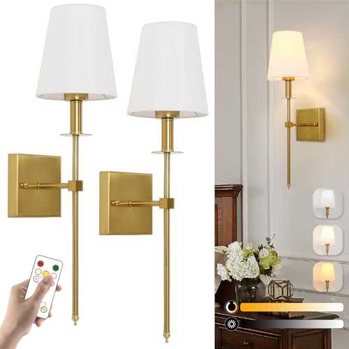 Battery Operated Wall Lights Set of 2, USB Rechargeable Wall Light with Remote & Dimmable Battery Light Bulb, Non Hardwired Lighting, Wall Lamp for Living Room Bedroom Bedside Reading Light, Gold