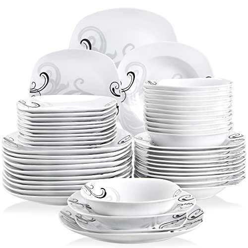 VEWEET 'Zoey' 48-Piece Dinnerware Set Ivory White Ceramic Dinner Set Porcelain Black Decals Tableware Set of Bowl and Plate Sets Service for 12