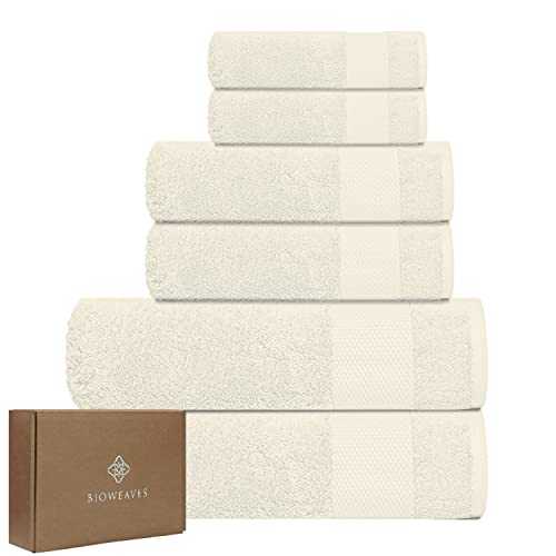BIOWEAVES 100% Organic Cotton 700 GSM Plush 6-Piece Towel Set GOTS Certified, 2 Bath Towels, 2 Hand Towels & 2 Washcloths - Ivory