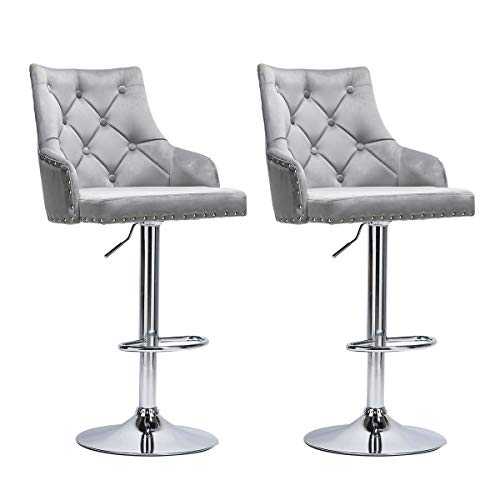 Vanimeu Velvet Bar Chair Set of 2 Grey, Height Adjustable Bar chairs with Backrest, 360° Swivel Gas Lift Kitchen Chair, Chrome Base and Footrest for Breakfast Bar, Kitchen and Dining Room