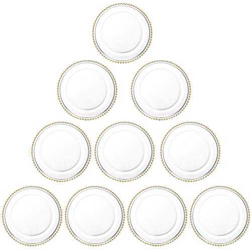 NUPTIO Glass Charger Plates Large Serving Plate with Beaded Rim, 26cm Outer Diameter Dinner Plate Dessert Plates for Weddings Receptions Parties Banquets Events Table Decoration, 10 Pcs