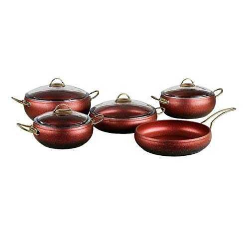 OMS Cookware Red Gold 9 Piece Non Stick Granite Copper Set Glass Lids Casserole Pan Pot - Essential, Pots and Pans Set
